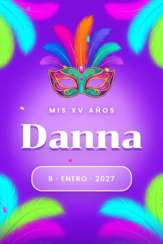 Invitación digital de XV años, carnaval con plumas de colores