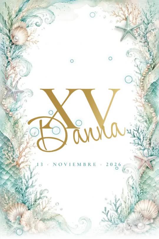 Invitación digital de XV años, fondo del mar en acuarela con dorado