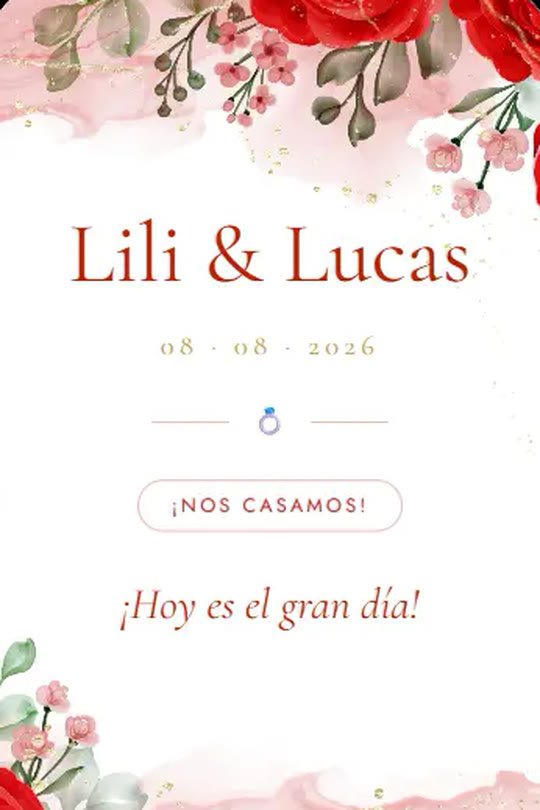 Invitación digital de boda con rosas rojas en acuarela